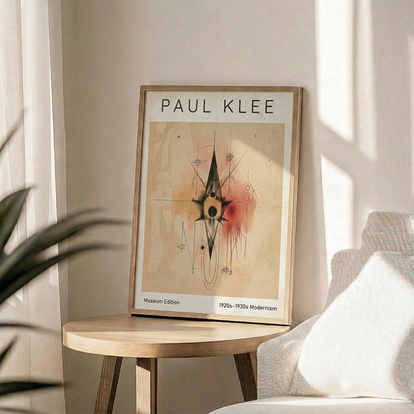 May include: Framed Paul Klee modernist art print displayed on round wooden side table next to beige upholstered chair. The poster features abstract geometric shapes in black, orange and pink watercolor tones on cream background with thin linear elements. Natural sunlight streams across white walls creating soft shadows. Green plant leaves visible in corner of minimalist modern interior setting.