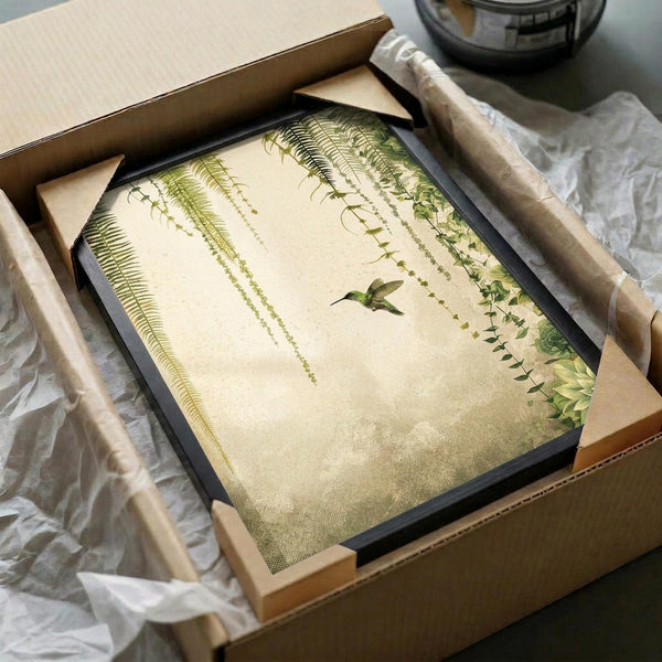 May include: Framed botanical print featuring green hummingbird flying among hanging ferns and trailing vines on cream background, displayed in black frame inside cardboard shipping box with protective tissue paper wrapping