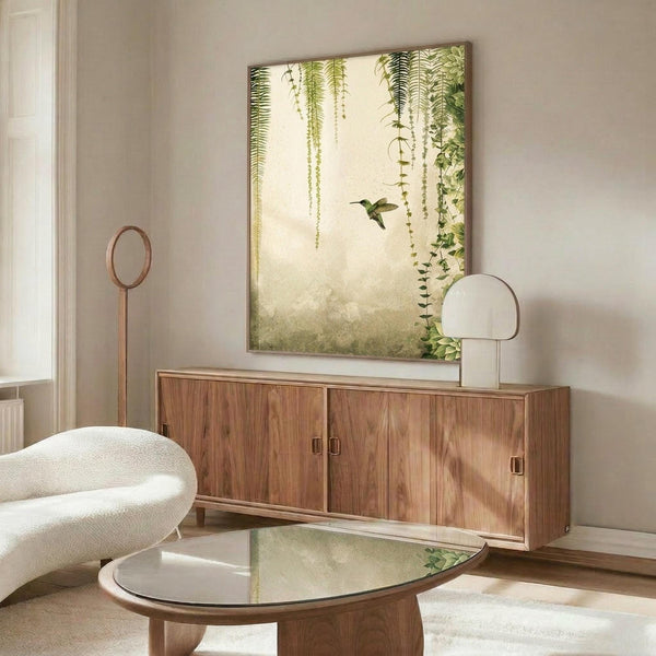 May include: Botanical wall art featuring a hummingbird among hanging ferns and trailing vines on a cream background, displayed above a walnut wood credenza in a minimalist living room with white upholstered chair, glass coffee table, and modern lighting fixtures