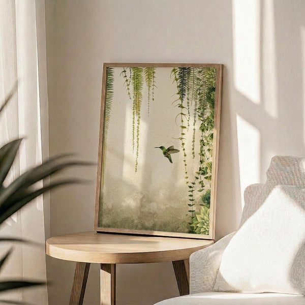 May include: Framed botanical art print featuring green hummingbird flying among cascading fern fronds and hanging vines on cream background, displayed on round wooden side table next to beige upholstered chair in sunlit room with white walls and houseplant