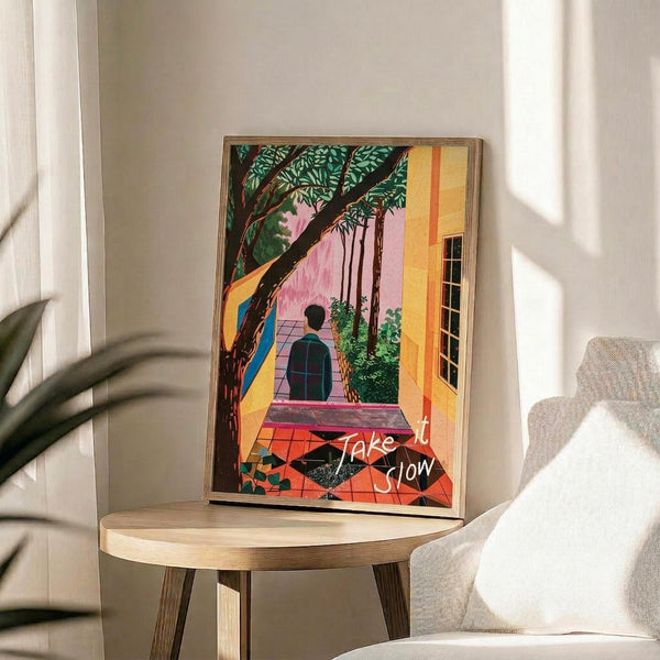 May include: Colorful illustrated poster in thin wooden frame displayed on round wooden side table next to beige upholstered chair. Artwork shows person in green jacket viewed from behind, standing in doorway looking out at pink and yellow building exterior with large tree. White cursive text reads "Take it Slow" in corner. Bright natural light creates shadows on white wall behind.