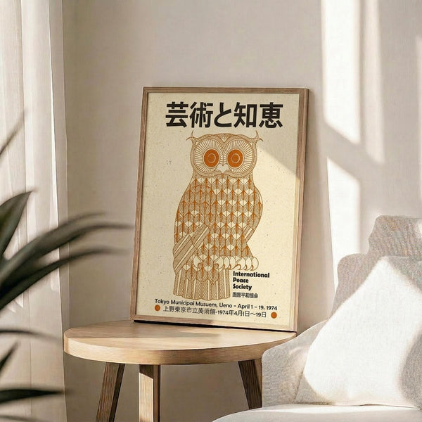 May include: Framed vintage-style poster featuring a decorative brown owl illustration with geometric feather patterns and large round eyes, displayed on a light wooden round side table next to a beige upholstered chair. Japanese text appears at the top, with "International Peace Society" and Tokyo museum exhibition details below the owl. Natural sunlight creates shadows across the cream-colored wall and setting.