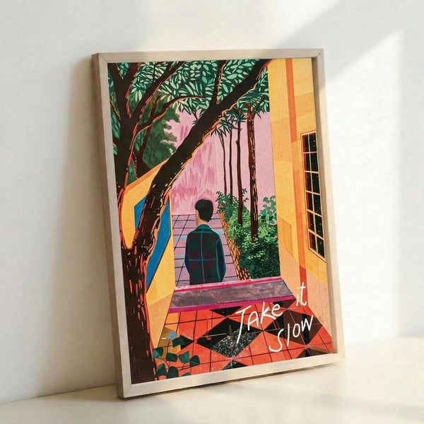 May include: Framed colorful poster print leaning against white wall. Artwork shows person in plaid shirt viewed from behind, standing in vibrant indoor space with large tree, yellow architectural elements, pink walls, and orange tiled floor. White cursive text reads "take it slow" in corner. Modern illustration style with bold colors and geometric patterns.