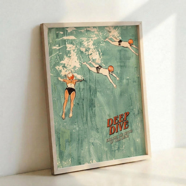 May include: Framed poster with turquoise-green watercolor background showing three vintage-style swimmers diving and floating. One figure wears black swimsuit, two appear nude with orange swim caps. White splashes and bubbles scattered throughout. Red text reads "DEEP DIVE" with smaller subtitle below. Light wood frame sits against white wall corner, casting soft shadow.