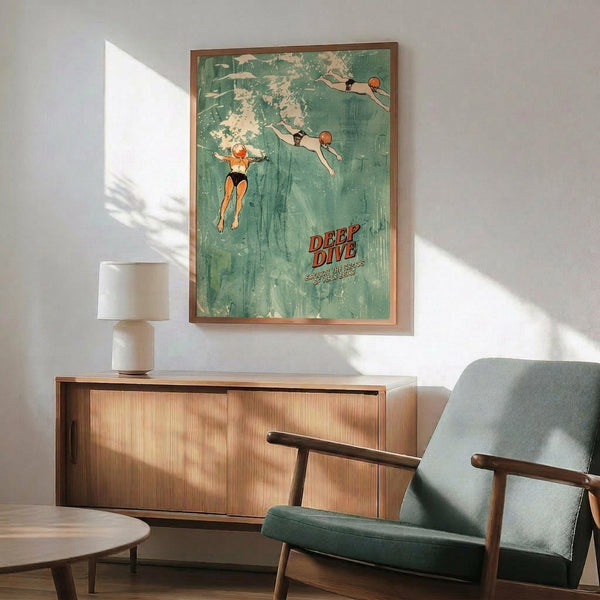 May include: Framed vintage-style swimming poster with turquoise water and three divers in red swimwear, displayed above a wood credenza with white ceramic lamp in modern living room. Mid-century teal armchair and round coffee table visible. Natural sunlight creates geometric shadows on white wall.