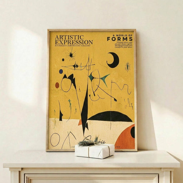 May include: Framed abstract art print in light wood frame leaning against white wall on pale wooden surface. Yellow and cream background features black geometric shapes, curved lines, crescent moon, circles, and organic forms in Miró's distinctive surrealist style. Small white wrapped gift with greenery sits in front of frame, showing scale of approximately 16x20 inch artwork in minimalist room setting.