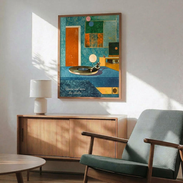 May include: Abstract vintage-style poster featuring turquoise record player with geometric shapes in orange, green, and blue tones, displayed above mid-century modern wooden credenza with table lamp, alongside teal upholstered armchair in minimalist white-walled room with natural lighting