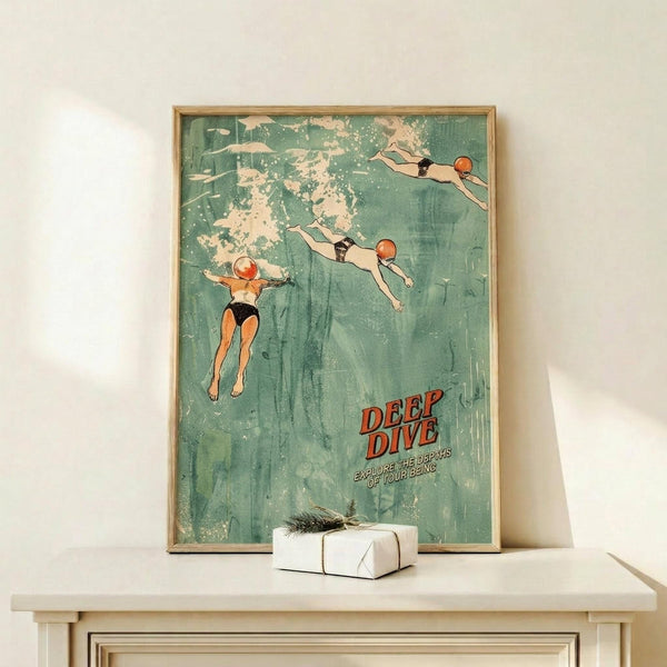 May include: Framed vintage-style swimming poster with turquoise water background showing three swimmers diving underwater in retro swimwear. Red text reads "DEEP DIVE" with smaller text below. Poster has weathered, distressed texture and is displayed in light wood frame on white wooden surface next to small wrapped gift with sprig of greenery against cream wall.