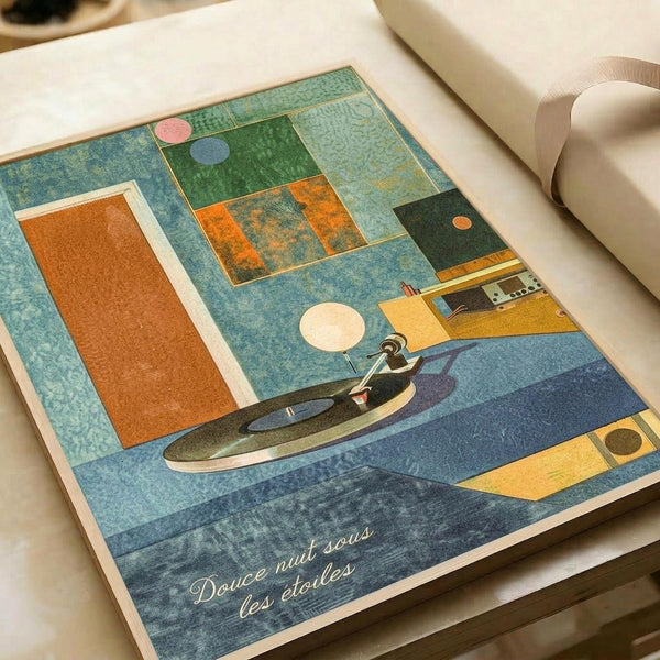 Abstract modernist artwork featuring geometric shapes in blue, green, orange and yellow tones. A silhouetted figure paddles a canoe across layered rectangular forms suggesting a dreamlike landscape. French text "Douce nuit sous les etoiles" appears at bottom. The print has a vintage textured appearance and is shown lying flat on white paper with rolled paper visible in background.