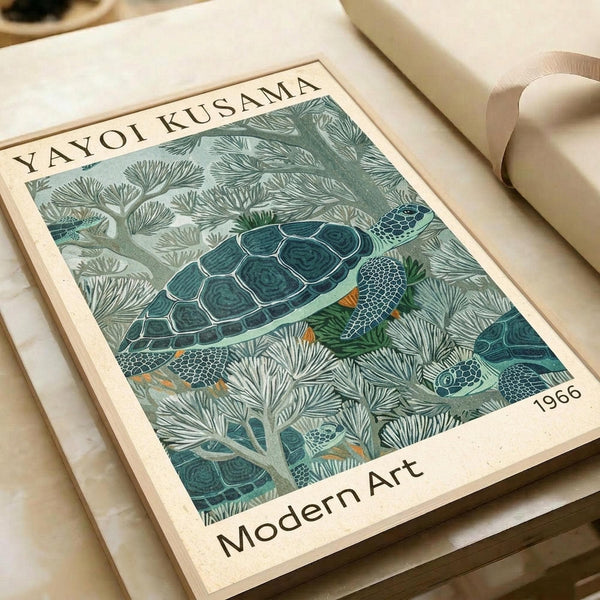 May include: Vintage-style art print featuring a detailed sea turtle swimming among coral and marine plants in muted green and teal tones. The poster displays "YAYOI KUSAMA" at the top, "1966" and "Modern Art" at the bottom, with cream borders. Print sits on white paper with neutral ribbon nearby on a light wooden surface.