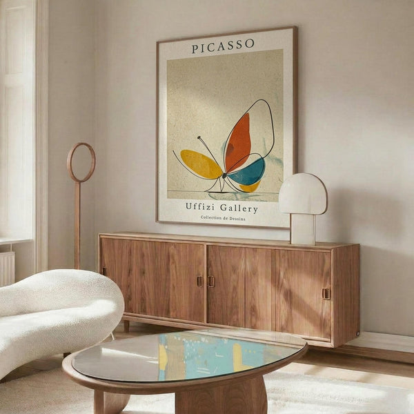 May include: Modern living room with walnut credenza displaying framed Picasso-style poster featuring colorful abstract butterfly with yellow, orange, and teal wings on beige background. White mushroom table lamp, curved white chair, glass-top coffee table with blue and yellow artwork underneath. Warm natural lighting creates shadows on cream walls.