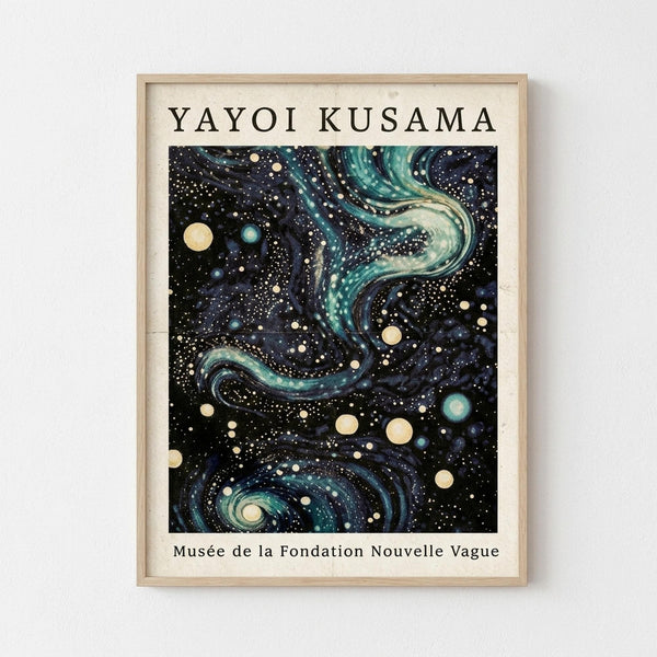 May include: Framed poster print with cosmic swirling design in deep blues, teals and black with white dots resembling stars and planets. Features flowing curved lines and circular elements creating a galaxy-like pattern. Light wood frame against white wall background.