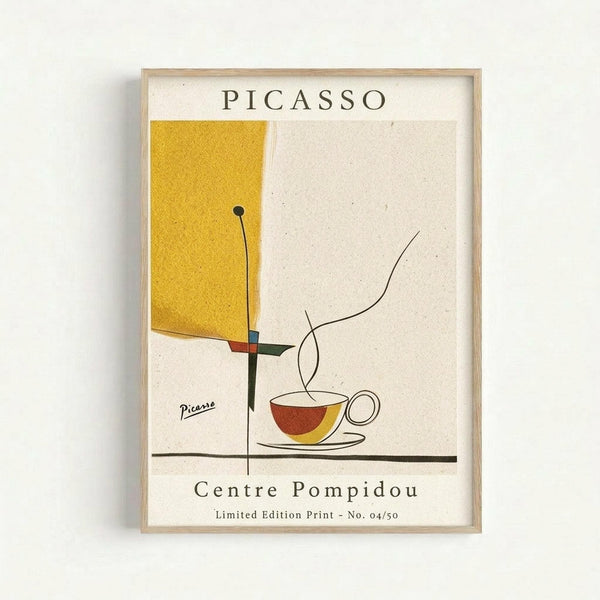Framed poster print featuring abstract geometric artwork in Picasso's style with yellow rectangle, colorful linear elements, and stylized coffee cup with steam. Text reads "PICASSO" at top and "Centre Pompidou" below, with "Limited Edition Print - No. 04/50" at bottom. Light wood frame against white wall background with visible paper texture and signature element.