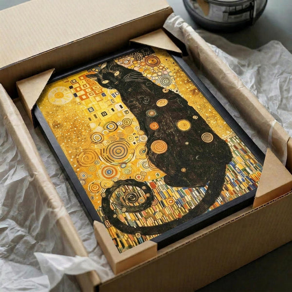 May include: Framed artwork in black frame showing a black cat silhouette filled with golden geometric patterns and circles in Gustav Klimt's ornate style, nestled in cardboard shipping box with white tissue paper padding and protective cardboard corners