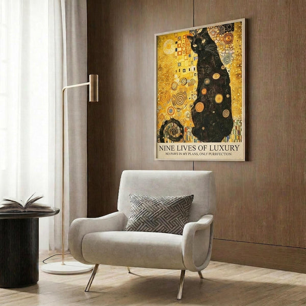 May include: Framed art print featuring a black cat in Gustav Klimt's golden ornamental style with circular patterns and geometric designs, displayed above a beige upholstered armchair with patterned pillow in a modern living room with wood paneled walls, floor lamp, and side table with open book.