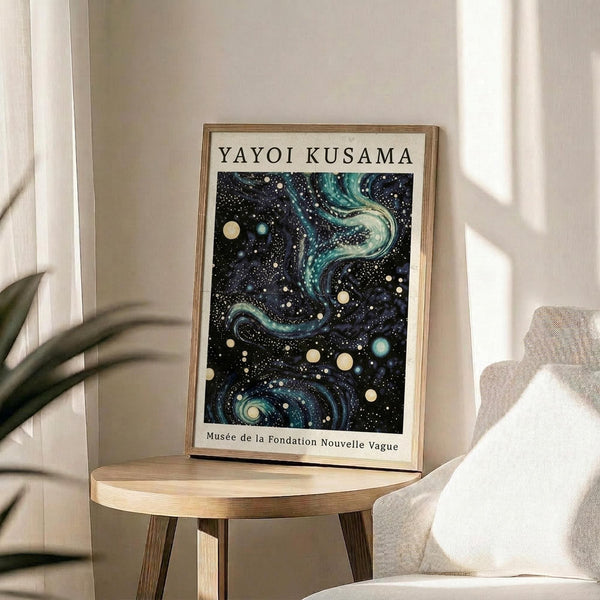 May include: Framed art print displaying a cosmic scene with swirling turquoise and navy blue galaxies, scattered cream and teal dots resembling planets and stars against a dark starry background. The poster features "YAYOI KUSAMA" text at top and "Musée de la Fondation Nouvelle Vague" at bottom. Wooden frame sits on a round wooden side table next to a beige upholstered chair with white throw pillow, green plant leaves visible, soft natural lighting creates shadows on white wall.
