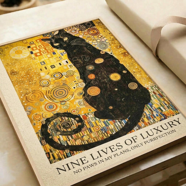 Black cat artwork in Gustav Klimt's distinctive Art Nouveau style, featuring golden geometric patterns and spirals surrounding an elegant seated cat with bright eyes. The decorative poster has ornate circular motifs, checkered designs, and rich gold and black coloring reminiscent of Klimt's famous paintings. Text reads "NINE LIVES OF LUXURY" and "NO PAWS IN MY PLANS, ONLY PURRRFECTION" below the artistic cat illustration.