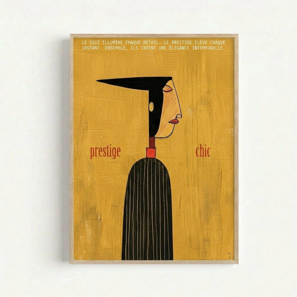 Minimalist French poster featuring a stylized profile silhouette of a woman with black hair and striped dress against a textured golden yellow background. The words "prestige" and "chic" appear in red text on either side of the figure. French text at the top reads about elegance and style. The artwork is displayed in a thin wooden frame against a white wall.
