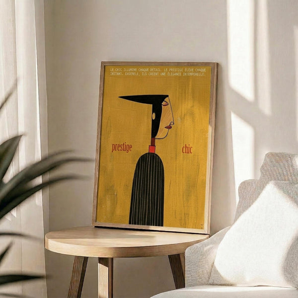 May include: Framed vintage-style poster with mustard yellow background featuring stylized profile illustration of woman with black bob haircut, red lips, and striped dress. French text at top, words "prestige" and "chic" flanking figure. Poster displayed on round wooden side table next to beige upholstered chair, with plant shadow visible on white wall in bright, minimalist room setting.
