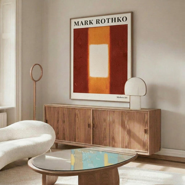 May include: Mark Rothko exhibition poster with red, orange and white color field painting displayed above wooden credenza in modern living room. White sculptural chair and glass coffee table with blue abstract art visible. Minimalist mid-century furniture against neutral walls with natural lighting.