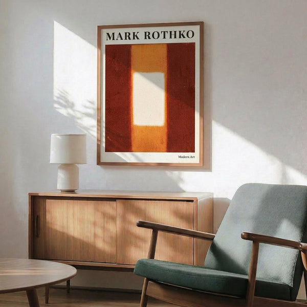 May include: Modern living room with sage green upholstered armchair beside wood sideboard. Framed abstract art print on white wall features warm rust red, orange, and cream rectangular color blocks in minimalist style. White ceramic table lamp and round coffee table complete the mid-century modern interior design scene with natural sunlight streaming across walls.