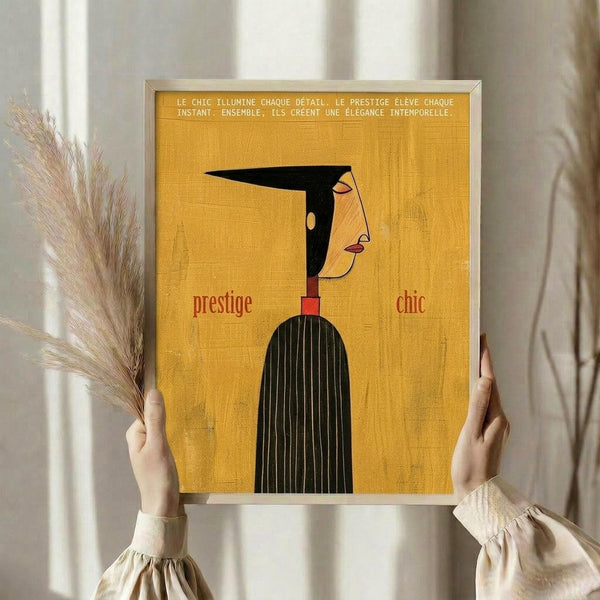 May include: Person holding framed vintage-style poster with mustard yellow background featuring stylized woman's profile in black and red. Text reads "prestige" and "chic" with French description at top. Dried wheat stems visible on left side. Neutral indoor setting with natural lighting.
