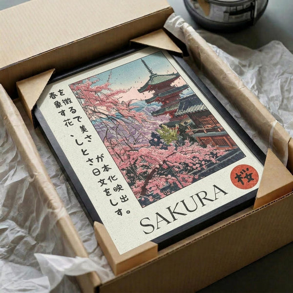May include: Framed print featuring Japanese pagoda temple surrounded by pink cherry blossoms, with vertical Japanese text and "SAKURA" in Roman letters below. Print has cream background with red circular stamp design. Black frame sits in open cardboard shipping box with white tissue paper and wooden dowel rods, alongside dark glass vessel on white surface.