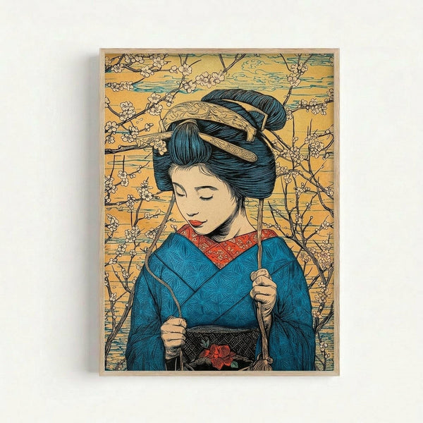 A framed Japanese-style illustration of a geisha with dark hair in an elaborate updo adorned with golden hair ornaments. She wears a blue kimono with geometric patterns and a red collar, her eyes closed in a serene expression with red lips. She holds bamboo sticks in both hands against a golden yellow background featuring delicate cherry blossom branches. The artwork has a woodblock print aesthetic with fine line details and is displayed in a light wooden frame against a white wall.