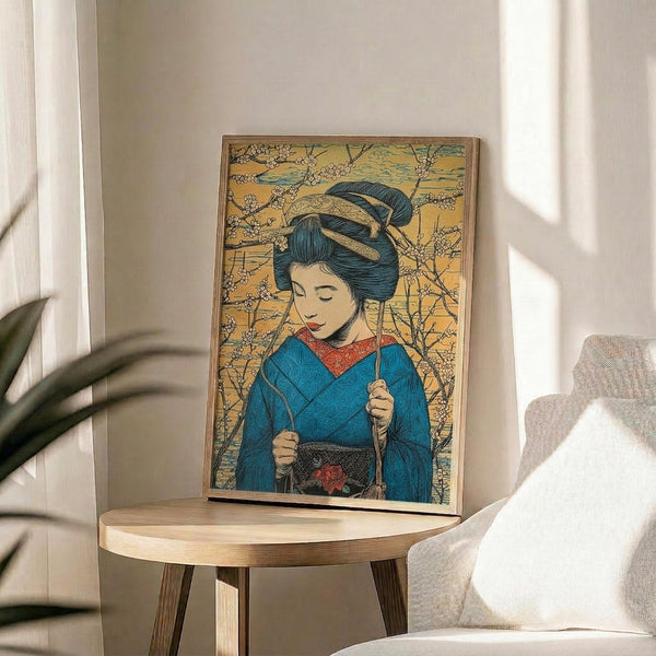 May include: Framed Japanese-style artwork showing a geisha with elaborate blue-black hair adorned with gold hair ornaments, wearing a blue kimono with red collar and floral obi sash. She holds thin sticks while surrounded by cherry blossom branches on a golden yellow background. The poster sits on a light wood round side table next to a beige upholstered chair in a bright room with white curtains and plant shadows.