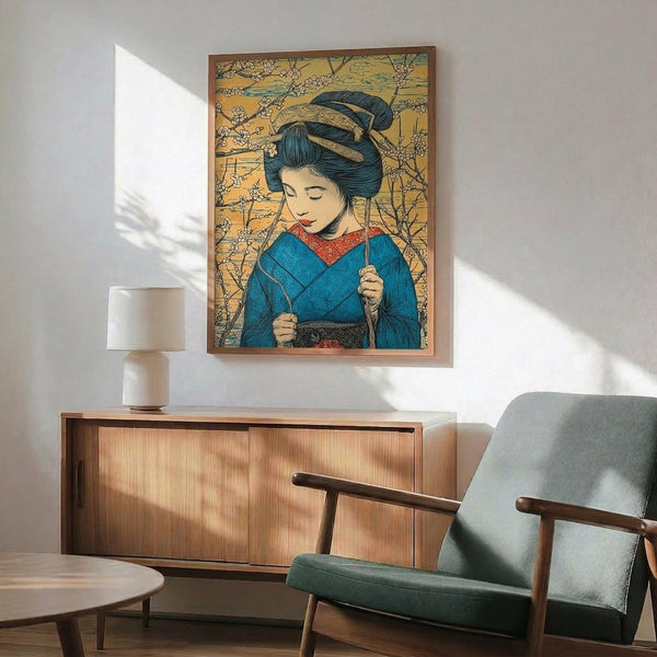 May include: Framed Japanese-style artwork showing a geisha in blue kimono with elaborate dark hair and hair ornaments, set against golden background with cherry blossoms. Displayed above mid-century modern wooden credenza with table lamp, next to sage green upholstered armchair in bright, naturally-lit room with white walls.