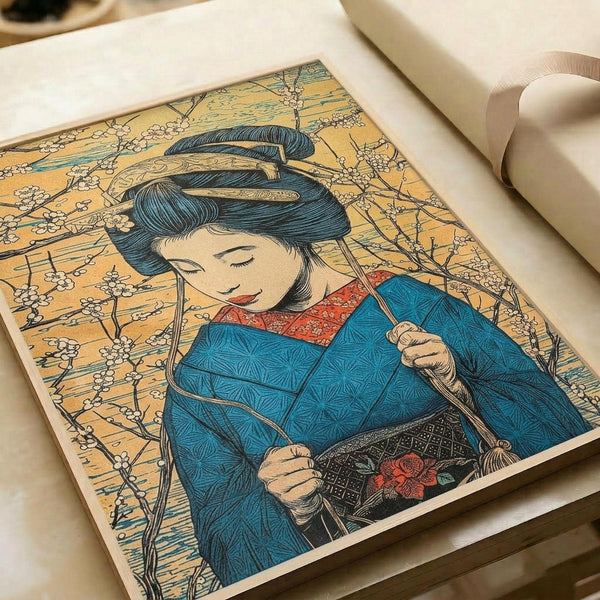 Japanese woodblock print style artwork showing a geisha in a blue kimono with red collar details and geometric patterns. She has an elaborate black updo hairstyle with hair ornaments and is positioned among delicate cherry blossom branches. The background features a warm golden yellow tone with intricate line work. The print appears on cream paper with visible texture and is photographed alongside rolled white paper, suggesting an unframed poster format.