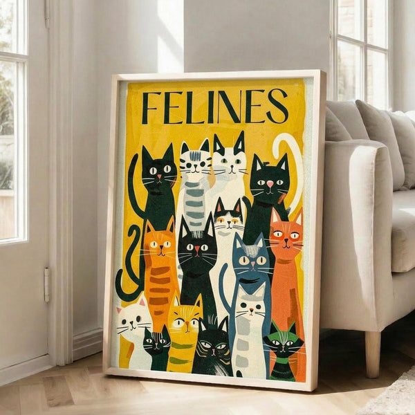 May include: Framed poster with yellow background featuring stylized cats in various colors including black, orange, white, and striped patterns arranged in a group composition. The word "FELINES" appears at the top in black letters. White frame leans against beige wall next to light gray upholstered sofa near bright windows with natural lighting on hardwood floors.