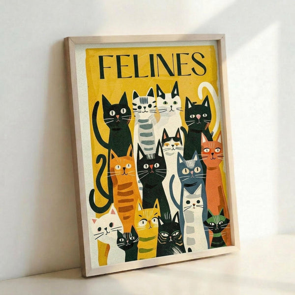 May include: Framed poster print featuring stylized cats in various colors and patterns against a bright yellow background. The word "FELINES" appears at the top in black letters. Multiple cartoon-style cats are arranged in rows, including black, orange tabby, gray striped, and white cats with different facial expressions. The artwork has a mid-century modern illustration style with bold, flat colors. Natural wood frame sits against white wall with soft lighting creating shadows.