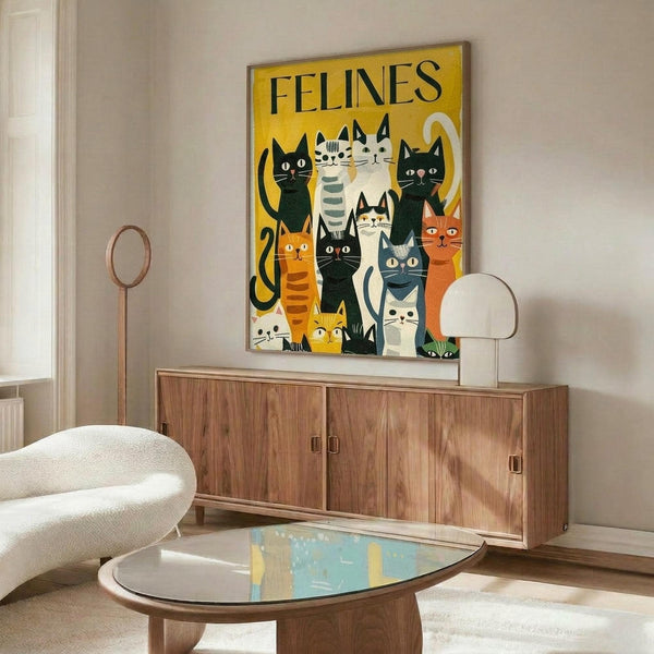 May include: Colorful cat poster with yellow background featuring various illustrated felines in different colors including black, orange, gray, and white cats with "FELINES" text at top, displayed above mid-century modern walnut credenza in minimalist living room with white curved chair, glass coffee table, and modern table lamp