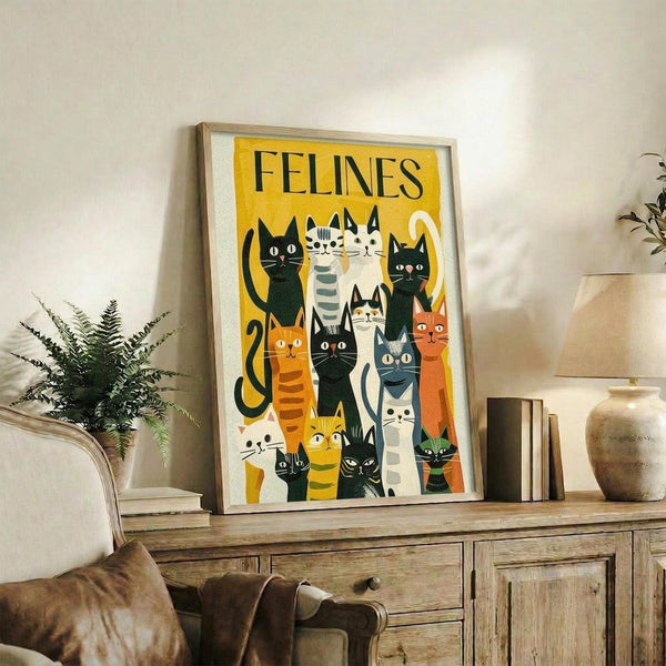 May include: Framed poster with yellow background featuring illustrated cats in various colors including black, orange, striped, and white with "FELINES" text at top. Wood frame sits on rustic wooden sideboard next to fern plant, books, ceramic vase, and lamp in neutral-toned living room setting with beige chair visible.