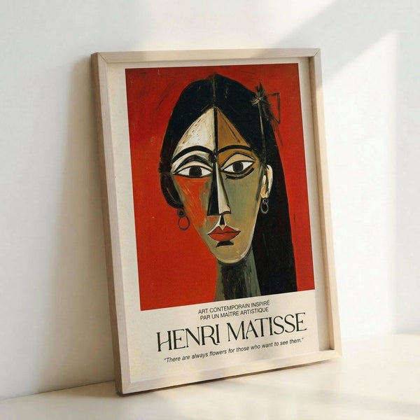 May include: Framed art print featuring a stylized portrait of a woman with geometric facial features in Matisse's distinctive style, set against a vibrant red background. The figure has black hair, elongated neck, and asymmetrical face with bold angular lines. Text below reads "HENRI MATISSE" with French subtitle and quote about flowers. Light wooden frame displayed against white wall, leaning on surface with soft natural lighting creating gentle shadows.