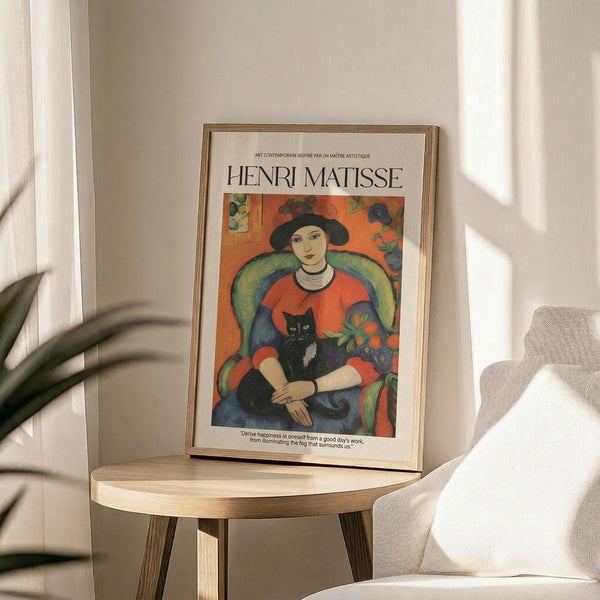 May include: Framed Henri Matisse art print displayed on round wooden side table next to beige upholstered chair. Poster features colorful portrait of woman in red top and black hat holding black and white cat, sitting in green chair against orange background. Natural sunlight streams across neutral-toned room with plant leaves visible in corner.