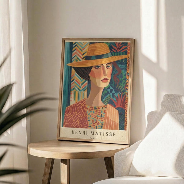 May include: A colorful art poster in a thin wooden frame propped on a round wooden side table next to a beige upholstered chair. The artwork depicts a woman wearing an orange wide-brimmed hat with geometric patterns and vibrant tropical motifs in the background. Soft natural light creates shadows on the white wall behind. A palm plant is partially visible on the left side.