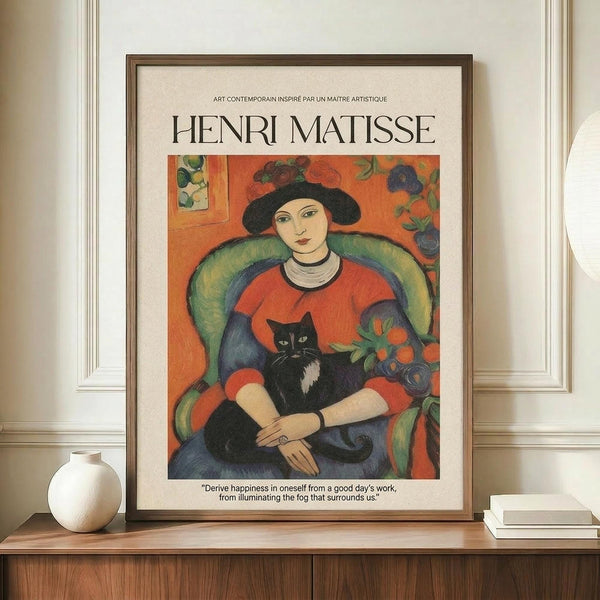May include: Framed Henri Matisse-style poster print displayed on wooden credenza featuring woman in red top and black hat holding black cat in green armchair against orange floral background, accompanied by white ceramic vase and stacked books in bright modern interior setting.