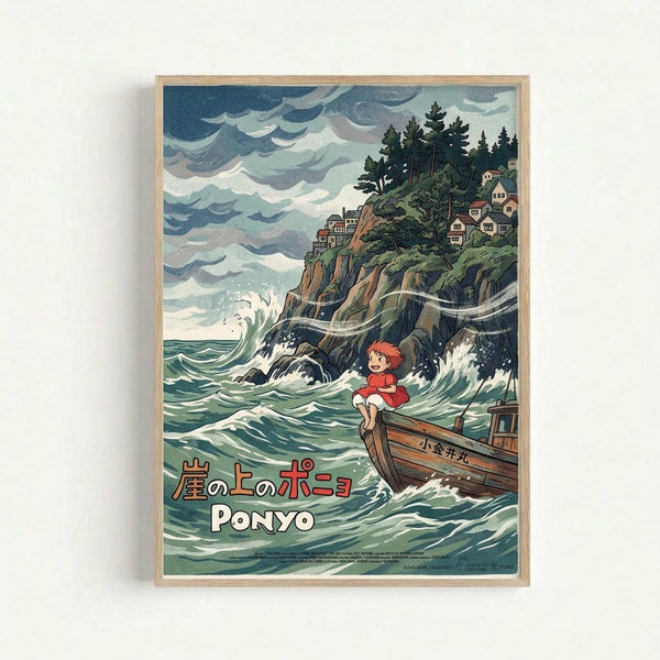 A framed poster depicting a young red-haired character in a red dress sitting on a wooden boat amid turbulent ocean waves. The scene shows dramatic stormy skies with rolling clouds, a rocky cliff topped with evergreen trees and small houses, and crashing waves against dark rocks. The artwork is rendered in a vintage Japanese animation style with rich blues, greens, and earth tones. Japanese text and "PONYO" appear at the bottom of the print, which is displayed in a light wood frame against a whi