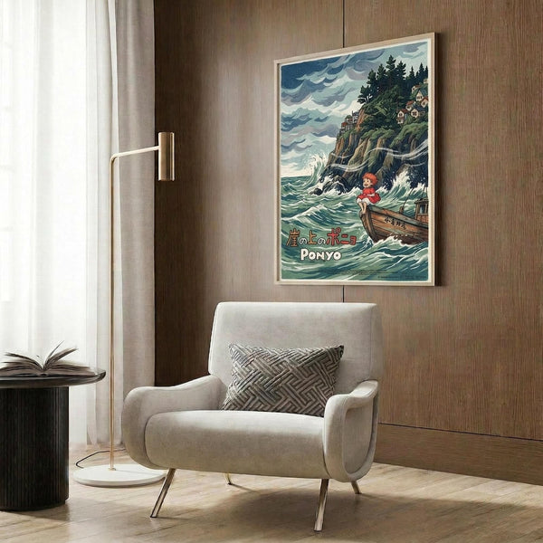 May include: Framed Studio Ghibli Ponyo poster displayed on wood-paneled wall above cream upholstered armchair with geometric pillow. Artwork shows red-haired character in wooden boat on choppy ocean waves near forested cliffs under stormy sky. Modern reading nook with brass floor lamp, side table with open book, and natural lighting from window with curtains.