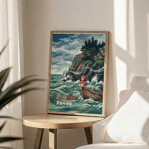May include: Framed Studio Ghibli Ponyo poster displayed on a round wooden side table next to a beige upholstered chair. The colorful artwork shows a red-haired child on a wooden boat amid turbulent ocean waves, with a dramatic clifftop village and stormy sky above. Japanese text and "PONYO" appear at the bottom. Natural sunlight streams across the neutral-toned room setting with a plant visible in the corner.