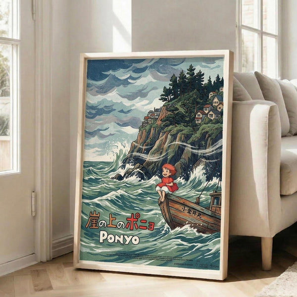May include: Framed poster depicting animated scene with red-haired child character on wooden boat in choppy ocean waves, steep cliff with houses and evergreen trees rising from water, dramatic cloudy sky in blues and grays, Japanese and English text at bottom, displayed in bright living room with beige couch and large windows