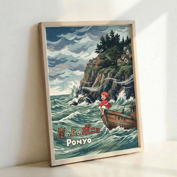 May include: Framed vintage-style poster featuring animated red-haired child character sitting on wooden boat amid turbulent ocean waves. Dramatic stormy sky with blue and white clouds above rocky coastal cliff dotted with small houses and pine trees. Japanese text at bottom reads "PONYO" in red and white letters. Artwork displays classic illustration style with detailed wave patterns and atmospheric lighting. Light wooden frame mounted on white wall.