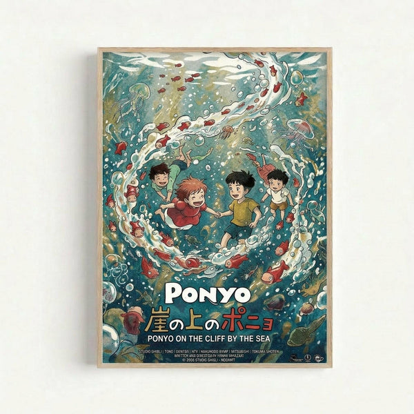 Framed poster featuring animated children swimming underwater in a swirling vortex of sea life. The artwork shows five young characters with dark hair surrounded by red fish, jellyfish, and ocean currents in teal and turquoise waters with white bubbles and foam. Japanese text appears below "PONYO" with English subtitle "PONYO ON THE CLIFF BY THE SEA" at bottom. The illustration has a hand-drawn anime style with warm lighting effects throughout the aquatic scene. Light wooden frame agains