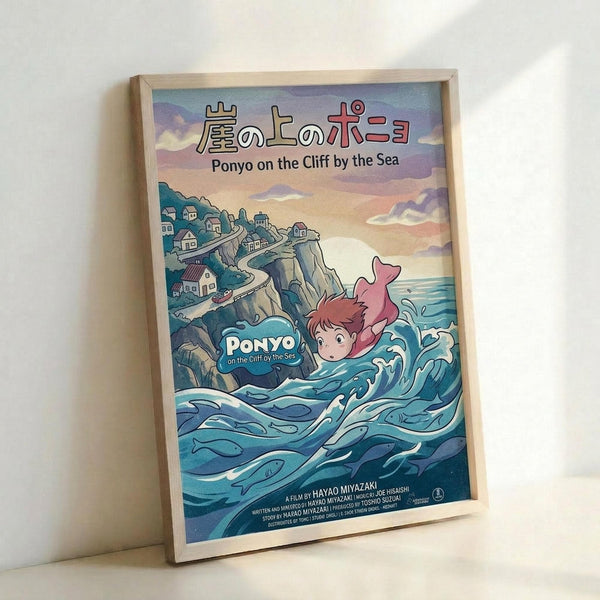 May include: Framed poster print of Studio Ghibli's Ponyo displayed against a white wall. The artwork shows the red-haired character Ponyo swimming in turbulent blue ocean waves with a clifftop village in the background under a purple and orange sunset sky. Japanese and English text appears at the top. The print is mounted in a light wooden frame and leans against the wall on what appears to be a white surface.