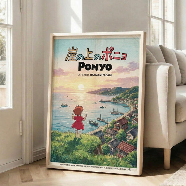 May include: Framed poster of animated film featuring young girl with red hair in red dress standing on coastal cliff overlooking seaside village with traditional houses, boats in harbor, and sunset sky. Poster shows Japanese text at top with "PONYO" and director credit below. Light wood frame leaning against beige sofa in bright living room with white walls and windows.