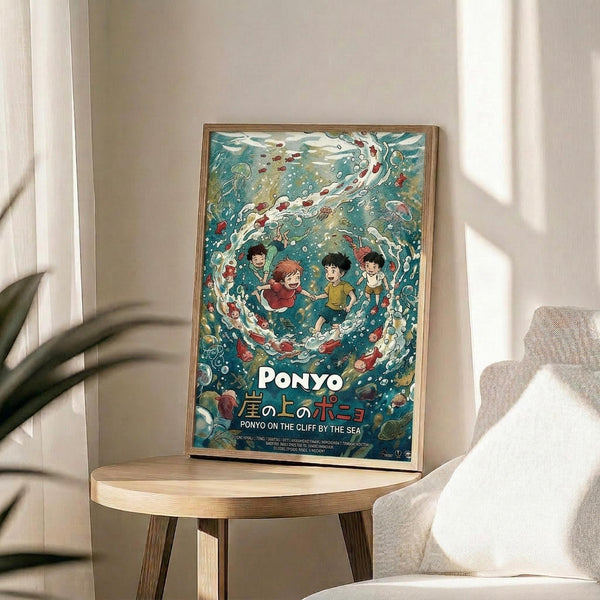 May include: Framed poster displaying colorful underwater scene with animated children swimming surrounded by swirling blue-green water, fish, and sea creatures. Wooden frame sits on round natural wood side table next to beige upholstered chair with decorative pillow. Green plant leaves visible in corner, soft natural lighting creates gentle shadows on white wall background.