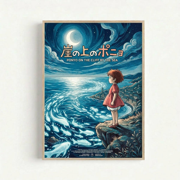 Framed movie poster featuring a young girl in a red dress standing on a cliff overlooking turbulent ocean waters under a crescent moon. The artwork displays Studio Ghibli's distinctive animation style with swirling blue and teal waves, dramatic cloudy night sky, and Japanese text at the top. A fish can be seen in the churning waters below. The poster is displayed in a light wood frame against a white wall, showing the full vertical composition with credits visible at the bottom.