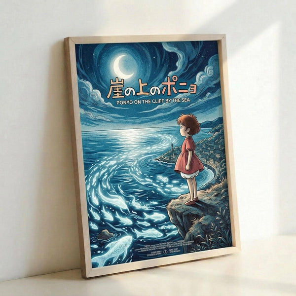 May include: Framed poster print leaning against white wall showing anime-style illustration of young girl in red dress standing on cliff overlooking swirling ocean waves under crescent moon and starry night sky. Japanese text at top with English subtitle. Light wood frame, detailed blue and teal artwork with whimsical Studio Ghibli animation aesthetic.